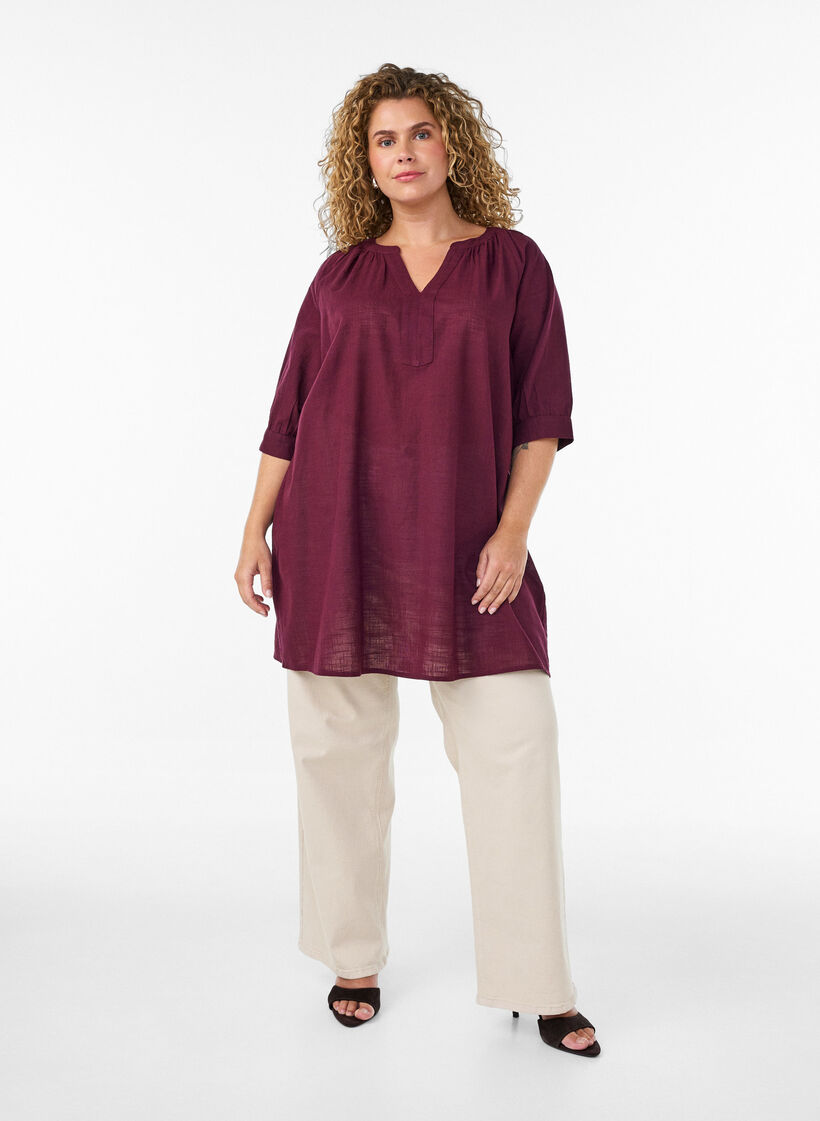 Cotton tunic with a V-neck, Red, Model image number 1