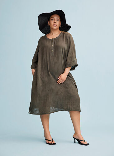Cotton dress with buttons and 3/4 sleeves, Khaki As sample, Image image number 0