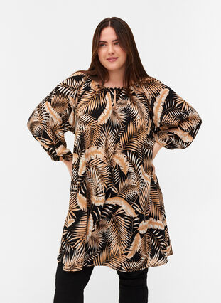 Printed viscose tunic with 3/4-length sleeves , Leaf AOP, Model image number 0