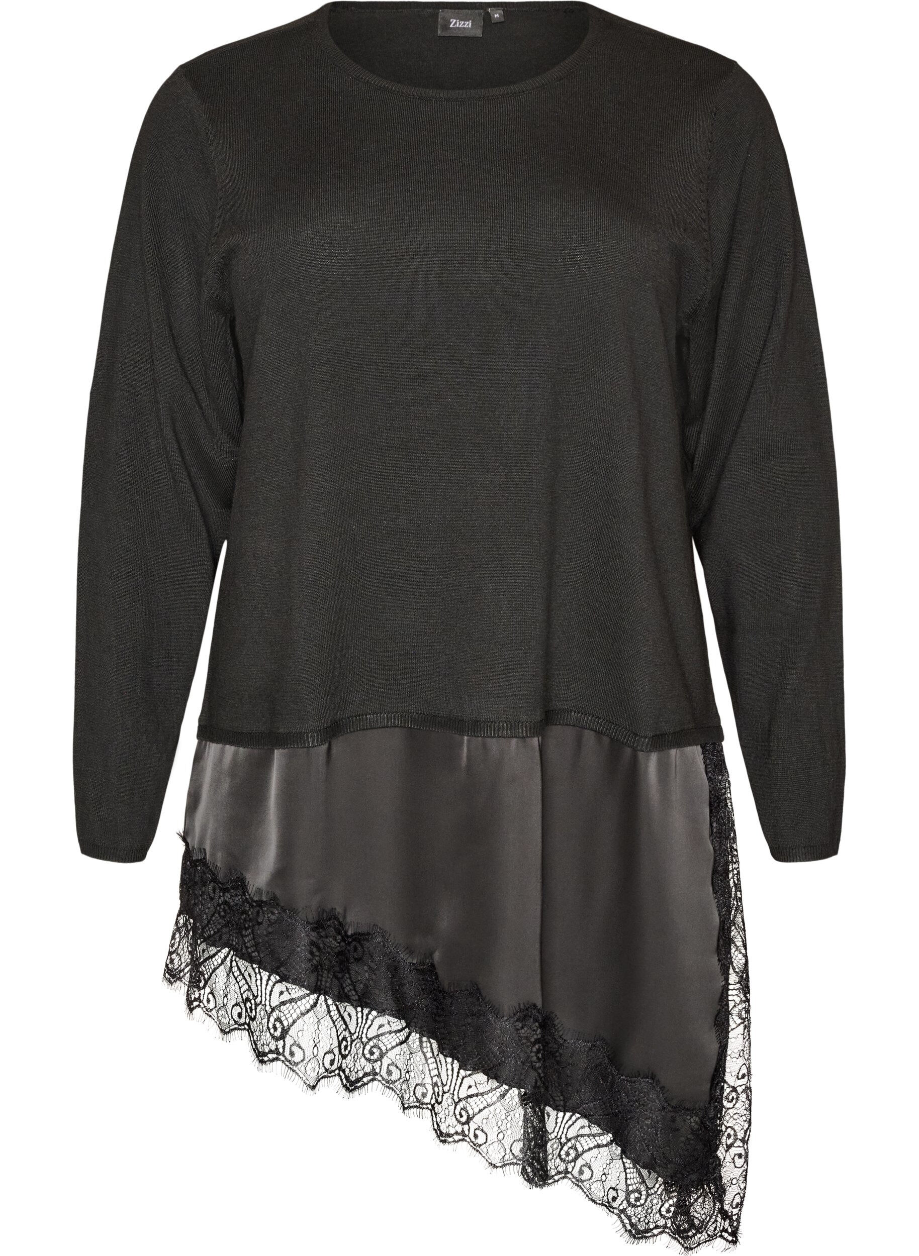 ZizzifashionKnitted blouse with layered effect and lace trim, Black, Packshot image number 0