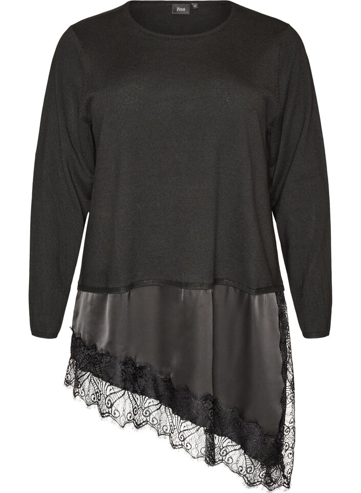 Knitted blouse with layered effect and lace trim, Black, Packshot image number 0