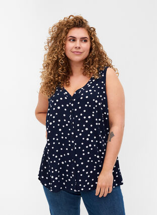 Dotted viscose top with buttons, Night Sky Dot, Model image number 0