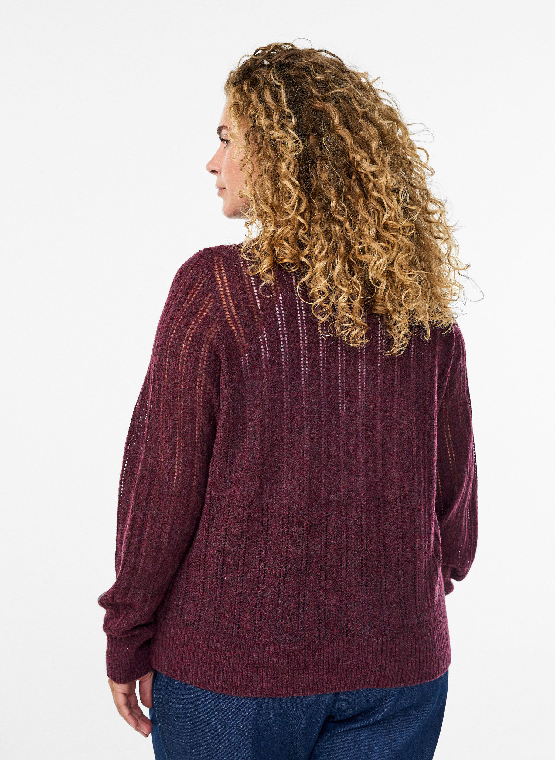 ZizzifashionKnitted cardigan with openwork pattern, Dark Bordeaux, Model image number 2