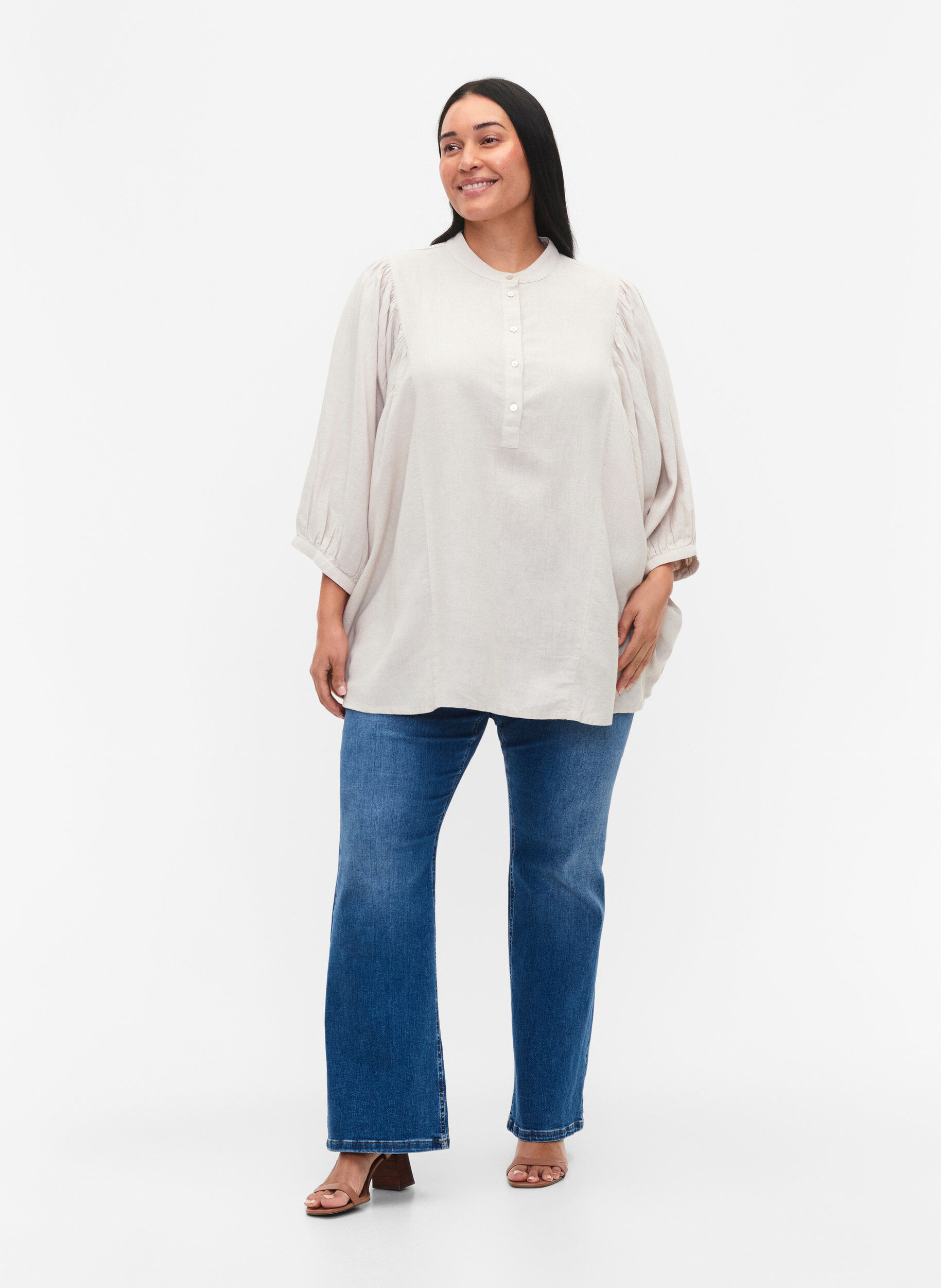 Zizzifashion Viscose-Linen Mix Shirt Blouse with 3/4 Sleeves, Moonbeam, Model image number 2