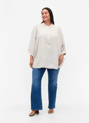 Viscose-Linen Mix Shirt Blouse with 3/4 Sleeves, Moonbeam, Model image number 2