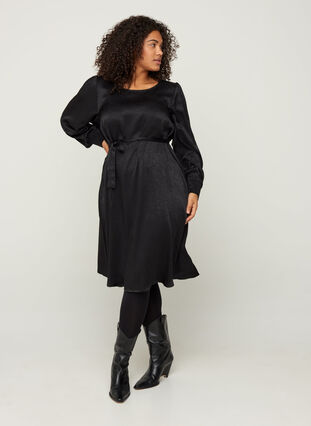 Textured dress with puff sleeves, Black, Model image number 2