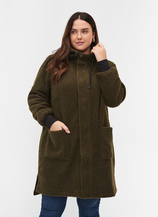 Long teddy jacket with hood and pockets, Ivy Green, Model image number 0