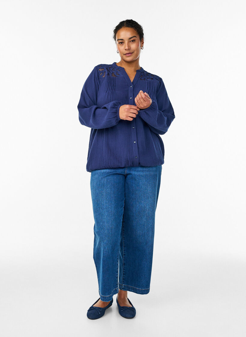 Cotton muslin blouse with embroidered details, Blue, Model image number 1
