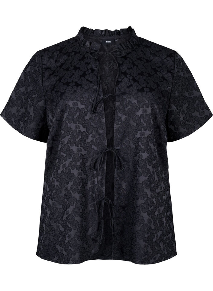Short-sleeved jacquard blouse with ties, Black, Packshot image number 0