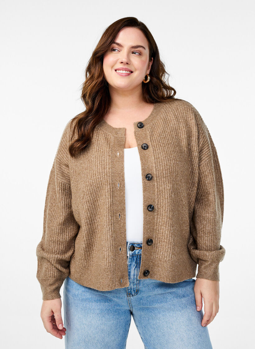 Rib knit cardigan with buttons, Brown, Model image number 0