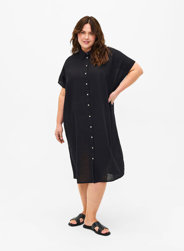 Long shirt in cotton blend with linen, Black, Model image number 0
