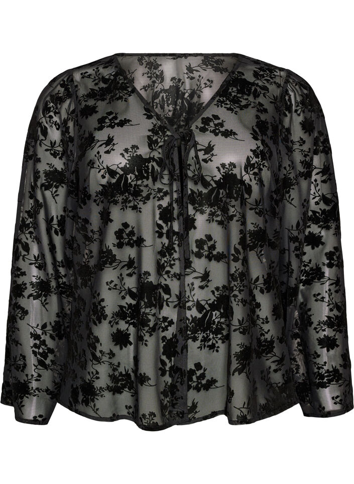 Mesh blouse with floral pattern and open front, Black, Packshot image number 0