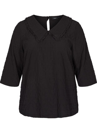 Checked blouse with 3/4 sleeves and ruffled collar, Black, Packshot image number 0
