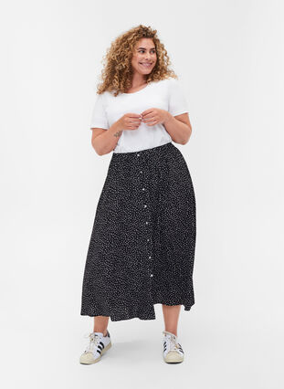 Viscose midi skirt with button and polka dots, Black w. Dot, Model image number 0
