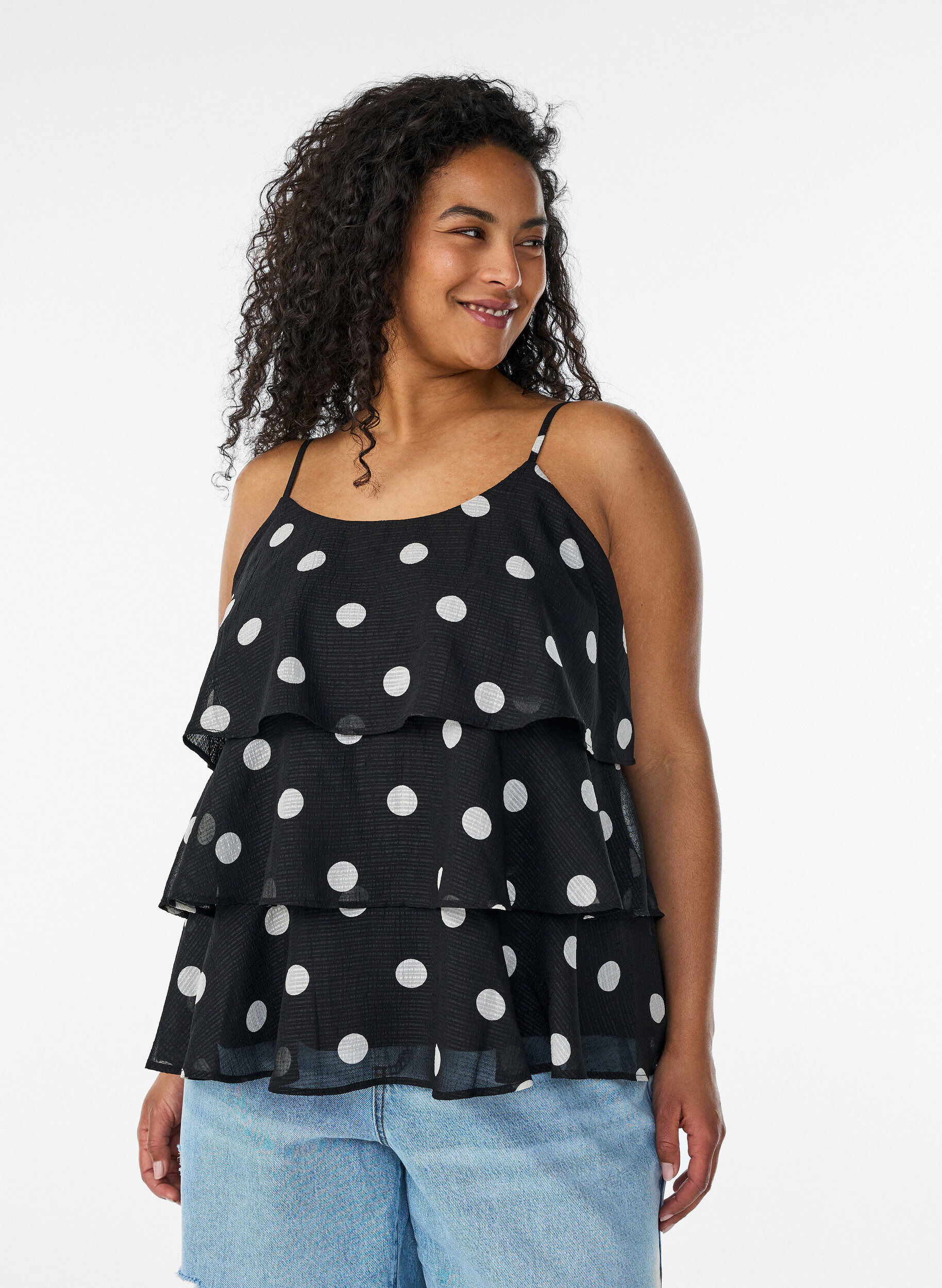 Layered top with ruffles and spaghetti straps, Black, Model