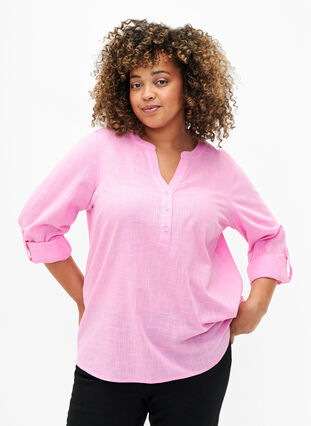 Cotton shirt blouse with v-neck, Rosebloom, Model image number 0