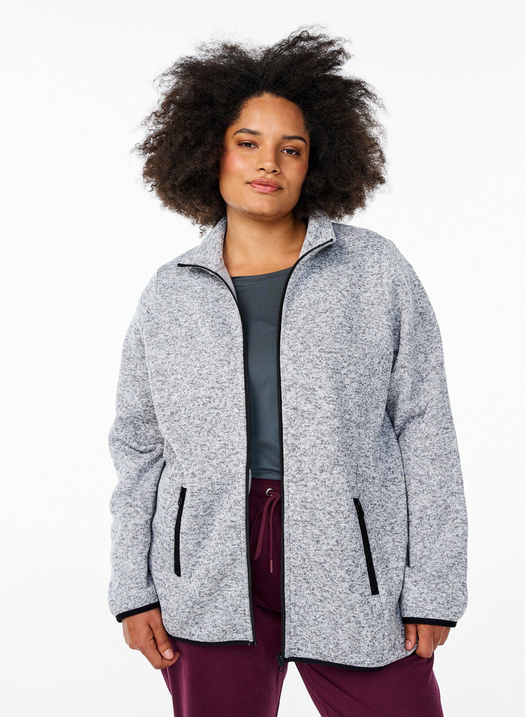 Jersey cardigan with a high collar and zip, Grey, Model