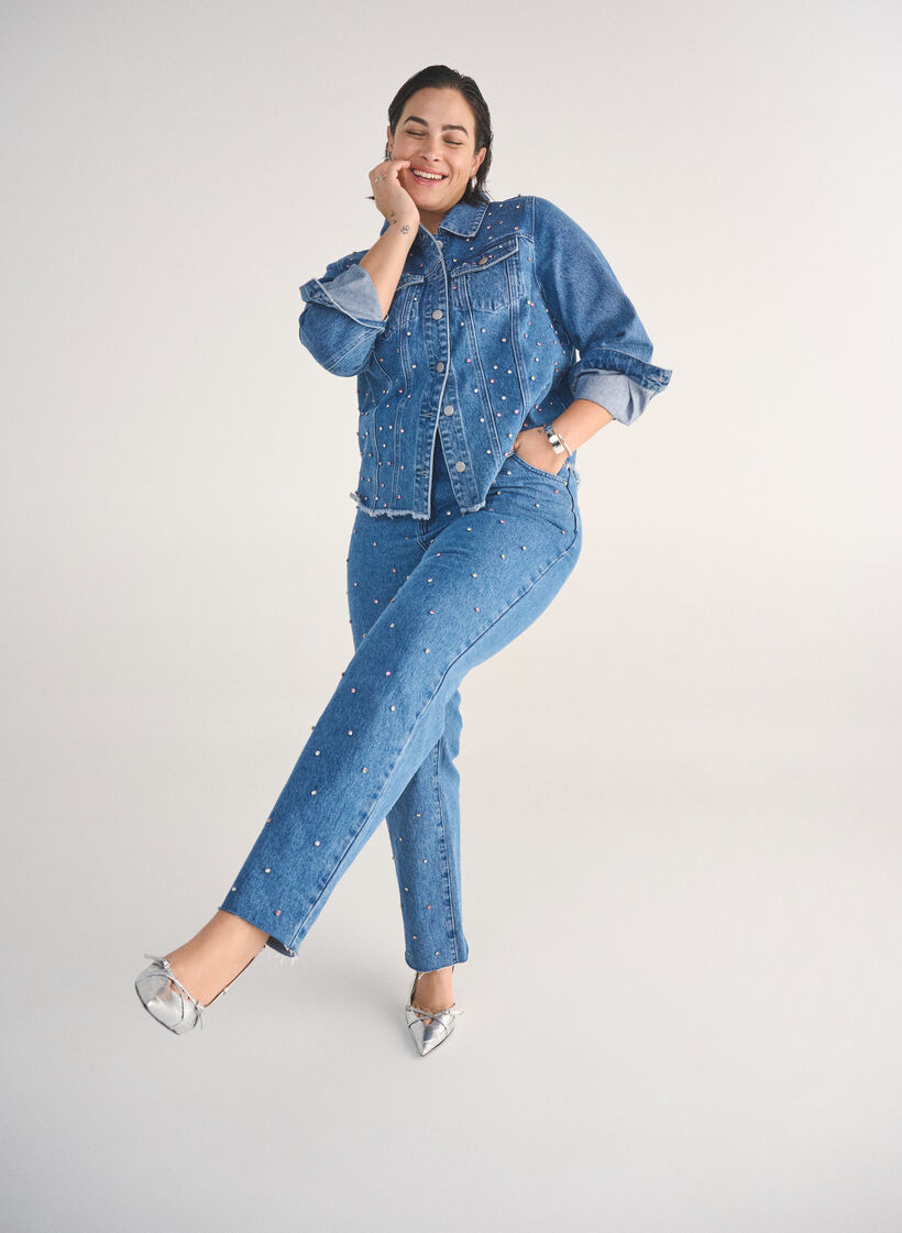 High-waisted Gemma jeans with rhinestones, Blue, Image image number 0