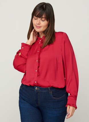 Long-sleeved shirt with ruffles, Cerise, Model image number 0