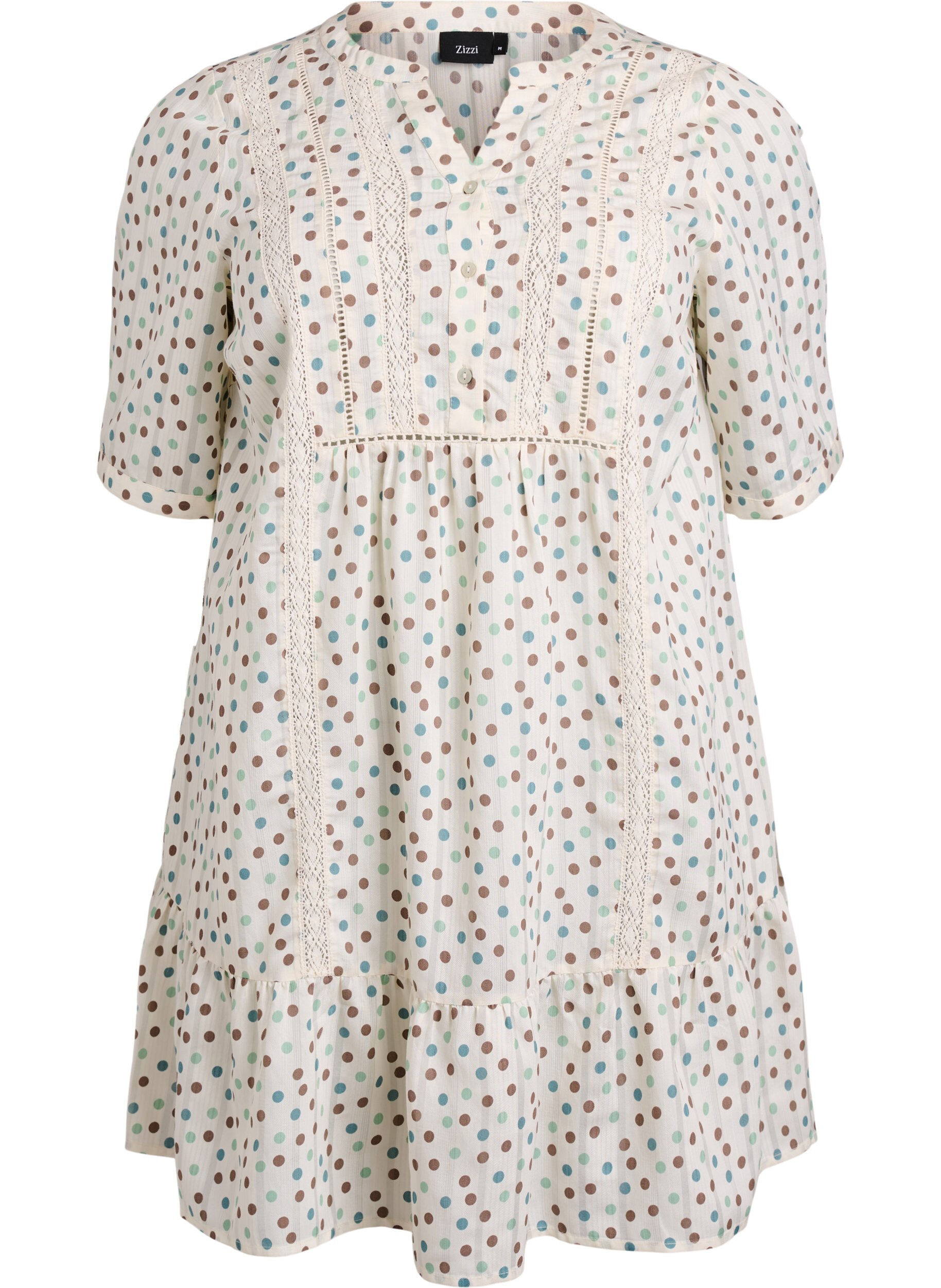 Short viscose dress with lace trim and an A-line cut