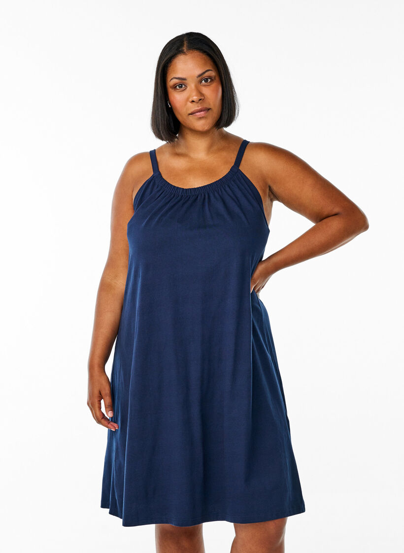 Knee-length strap dress in organic cotton, Blue, Model image number 0