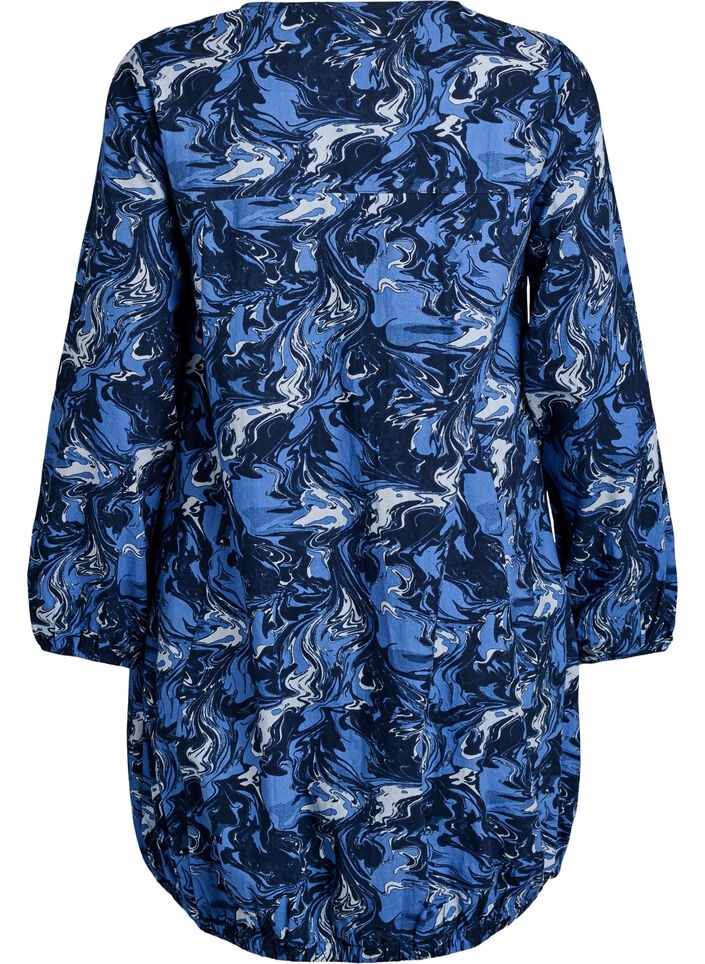 Short cotton dress with an elasticated hem and long sleeves, Blue, Packshot image number 1
