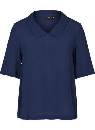 Viscose blouse with V-neckline and collar, Navy Blazer, Packshot image number 0