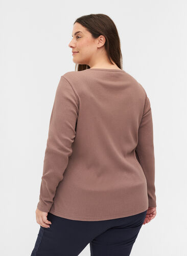 Long sleeve ribbed blouse with button detailing, Deep Taupe, Model image number 1