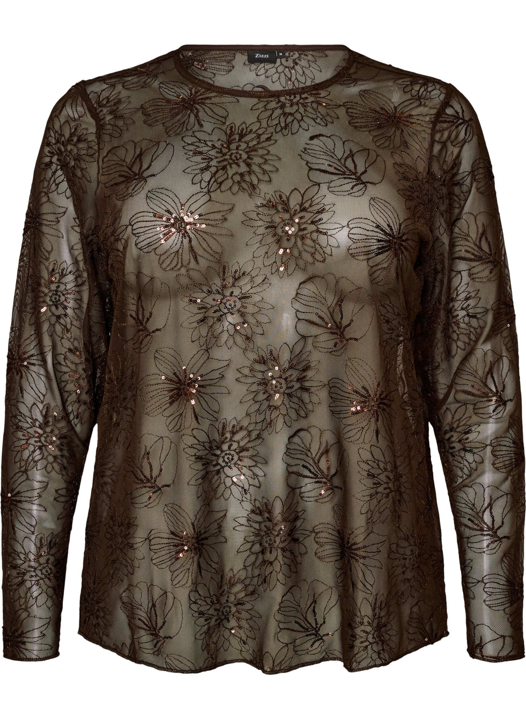 ZizzifashionMesh blouse with flowers and sequins, Brown, Packshot image number 0