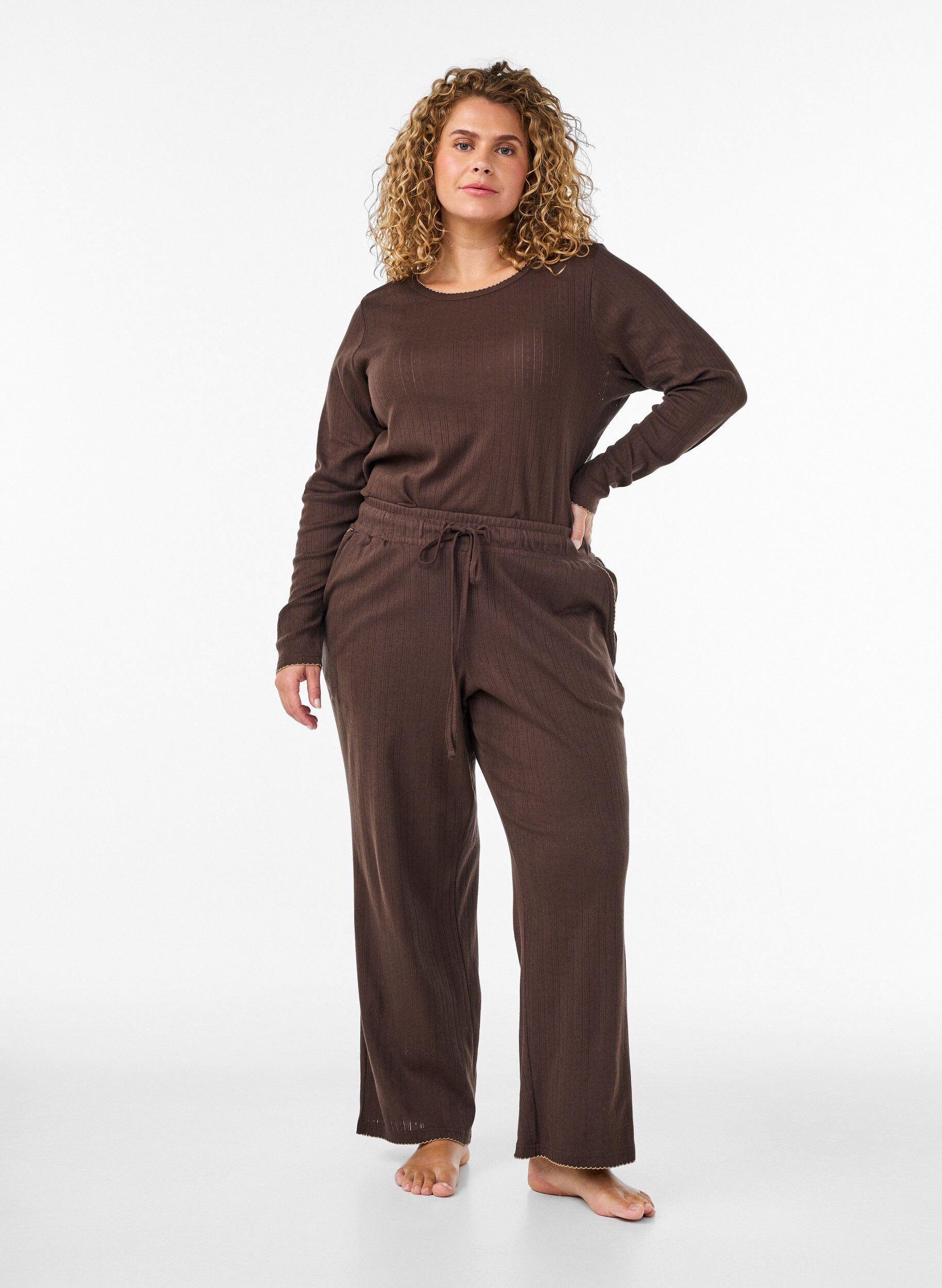 ZizzifashionOrganic cotton pyjama top with eyelet embroidery, Brown, Model image number 1
