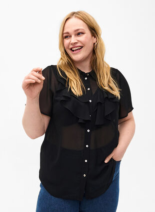 Short sleeve shirt blouse with ruffles, Black, Model image number 0