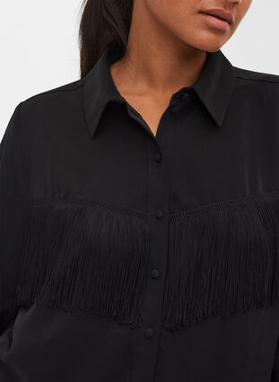 Plain, fringe trim shirt, Black, Model image number 2