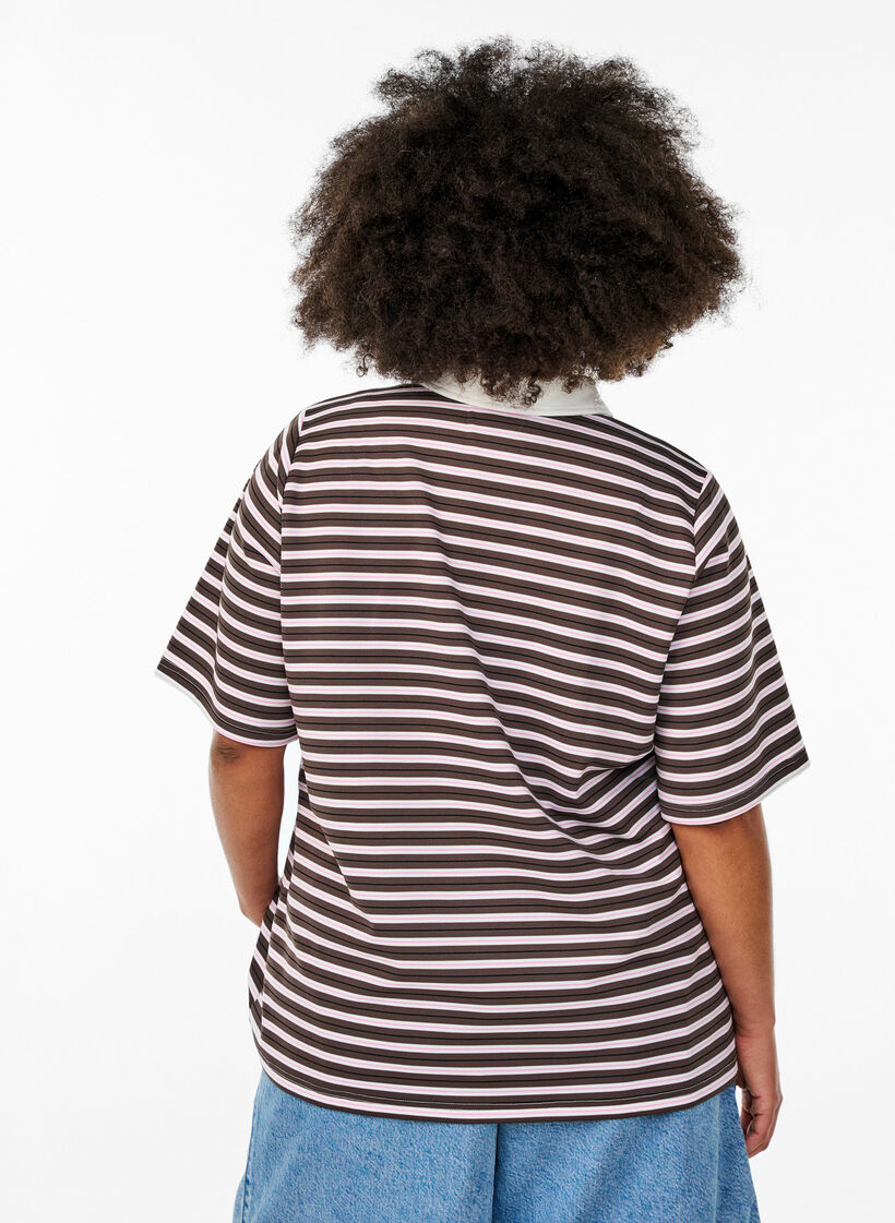 Striped polo shirt with short sleeves and zip, Brown, Model image number 2