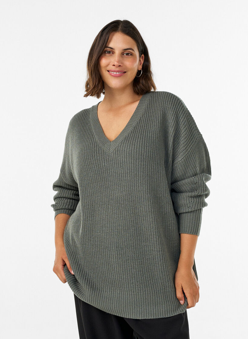 Long rib-knit blouse with a V-neck, Green, Model image number 0