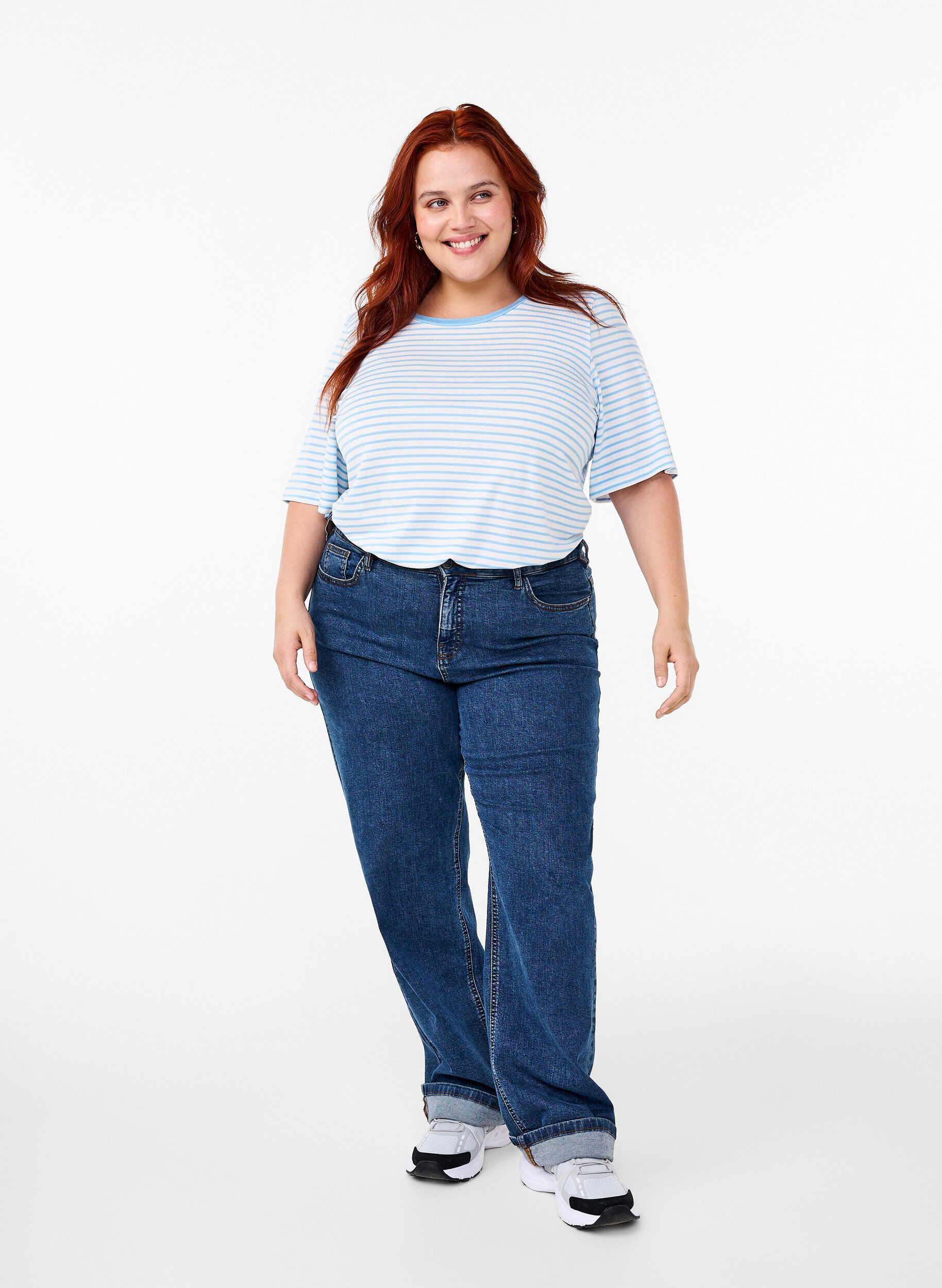 Zizzifashion Striped T-shirt in lyocell with round neck, Light Blue, Model image number 1