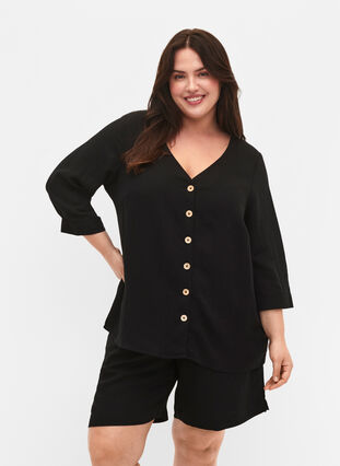 Viscose blouse with buttons and v-neck, Black, Model image number 0
