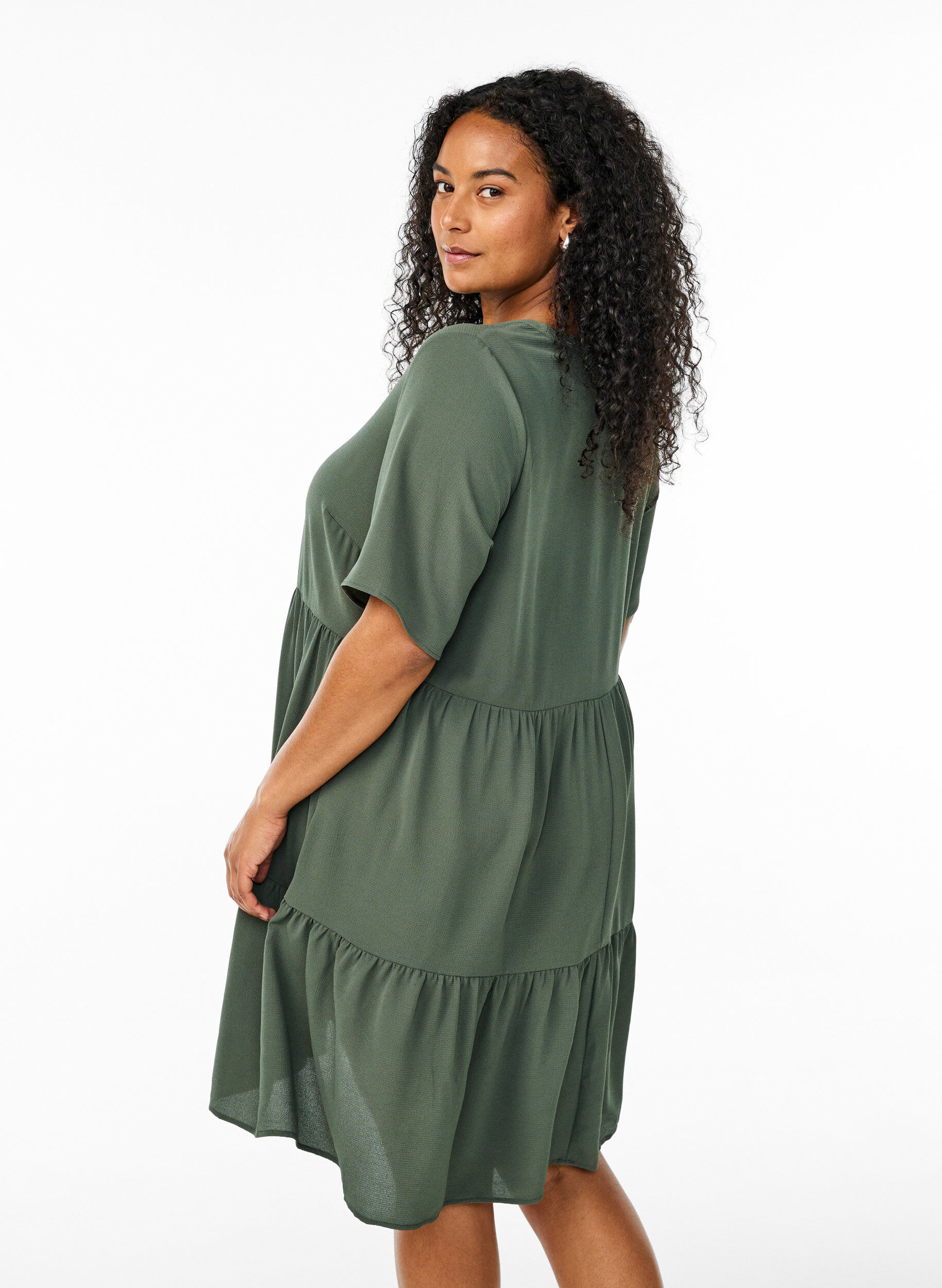 Zizzifashion Short sleeve dress with a-line and cutlines, Green, Model image number 2