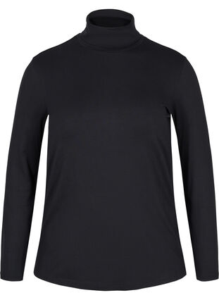 Long-sleeved cotton blouse with turtleneck, Solid Black, Packshot image number 0