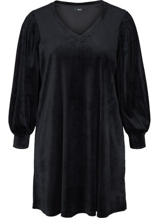 Velour dress with long puff sleeves, Black, Packshot image number 0