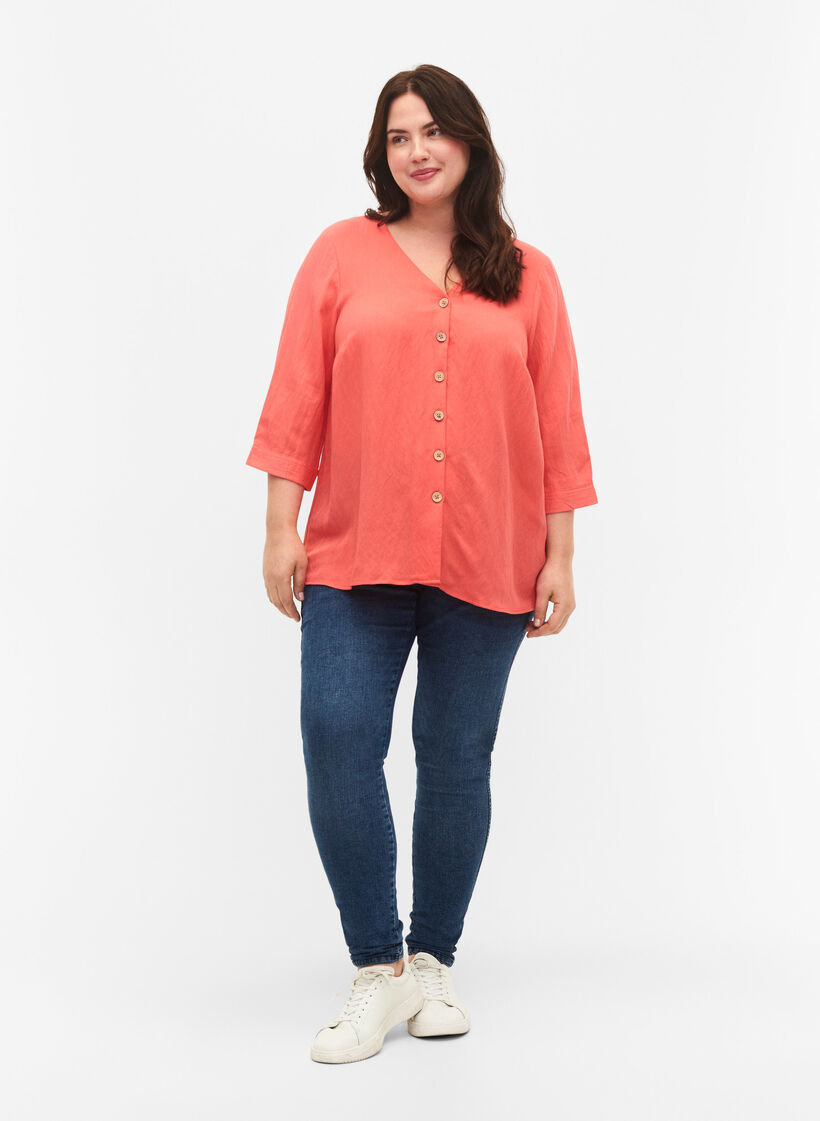 Viscose blouse with buttons and v-neck, Deep Sea Coral, Model image number 2
