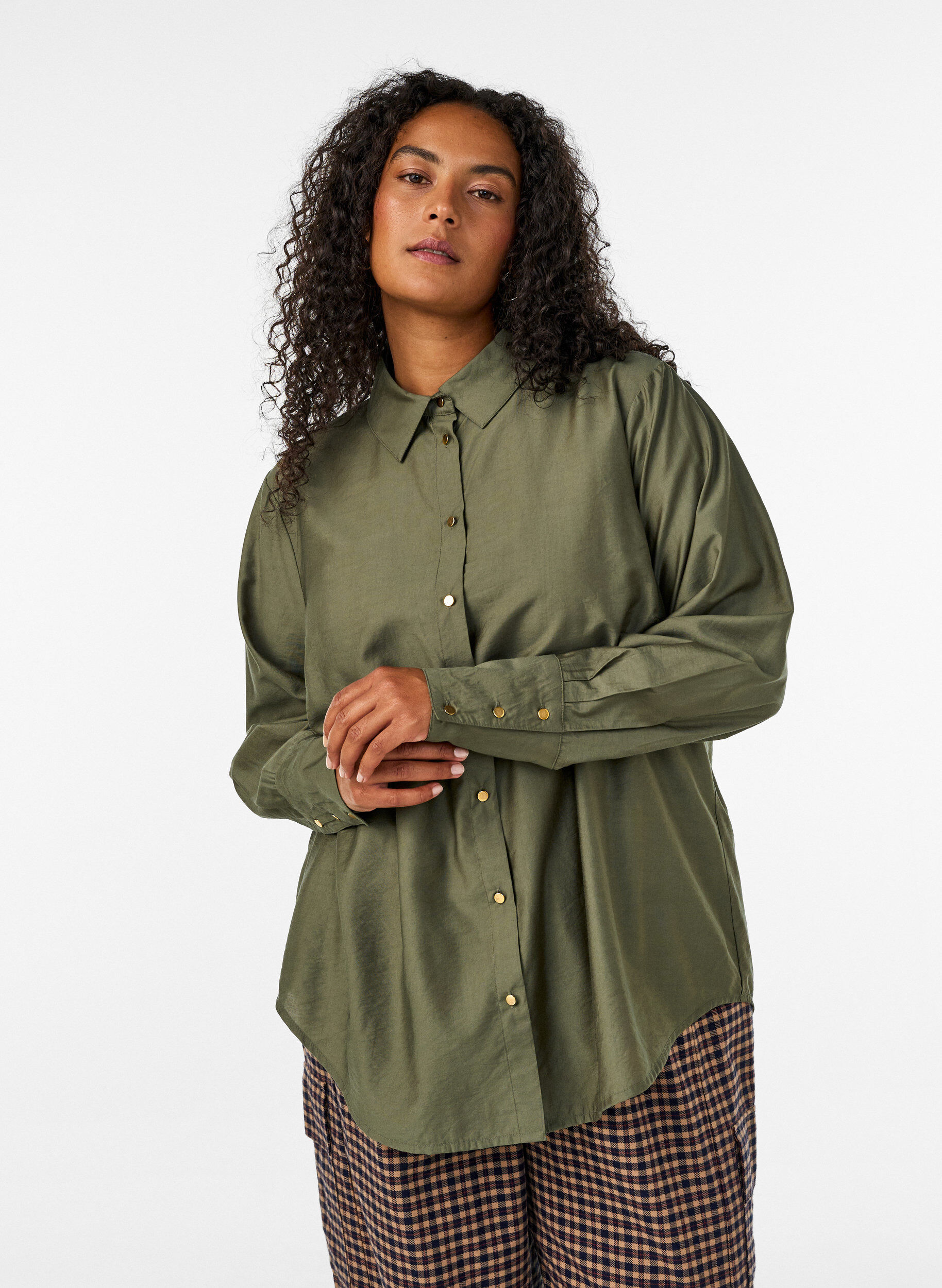 ZizzifashionViscose shirt with golden buttons, Green, Model image number 0
