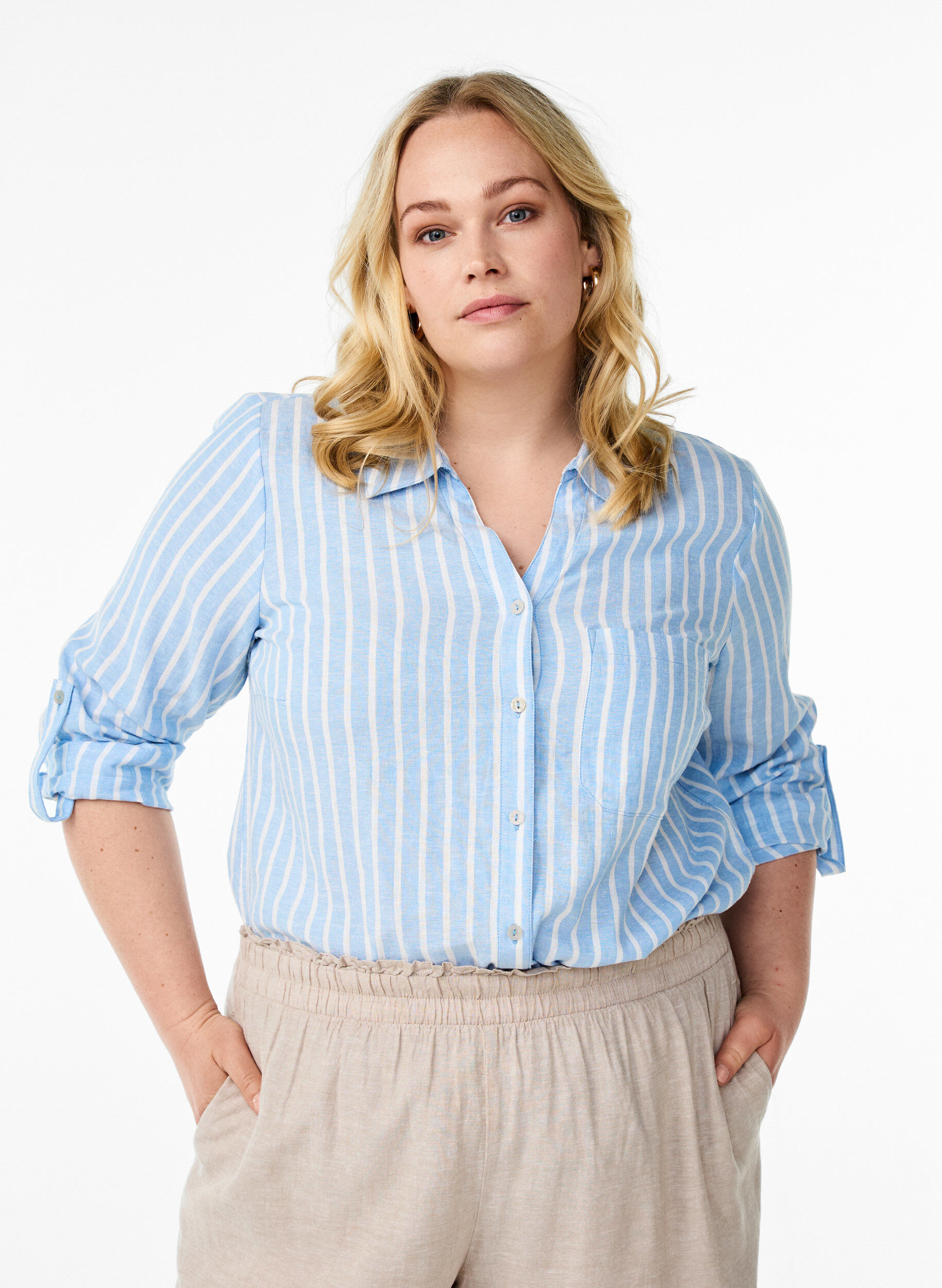 Zizzifashion Shirt in linen and viscose with 3/4 sleeves, Light Blue, Model image number 0