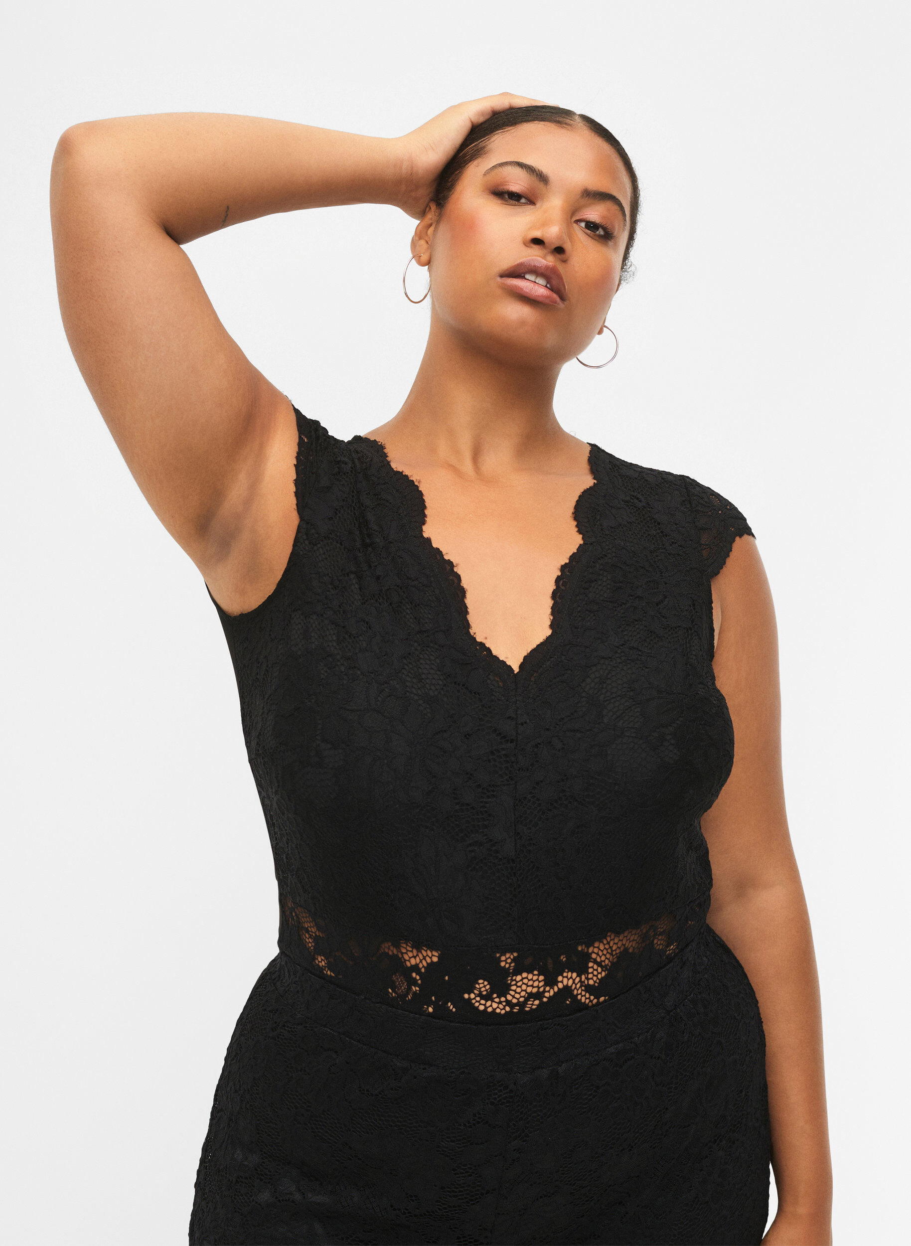 Zizzifashion Bodystocking with lace and v-neckline, Black, Model image number 0