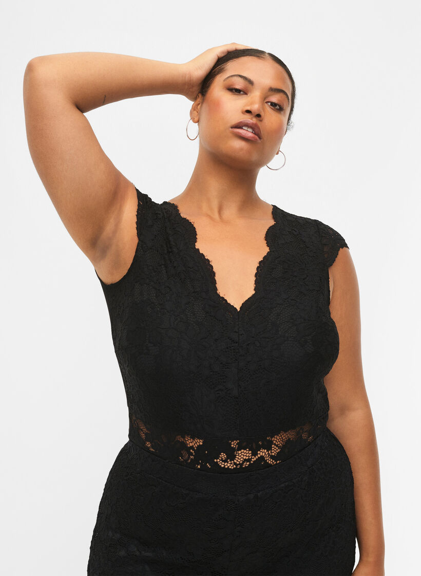 Bodystocking with lace and v-neckline, Black, Model image number 0