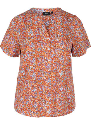 Printed blouse with short sleeves, Orange Flower AOP, Packshot image number 0