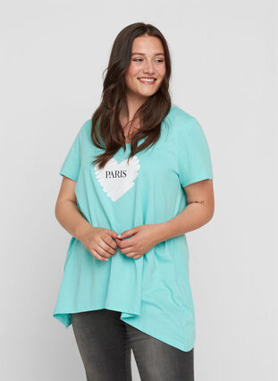 Short-sleeved cotton t-shirt with a-line, Aqua Sky PARIS, Model image number 0