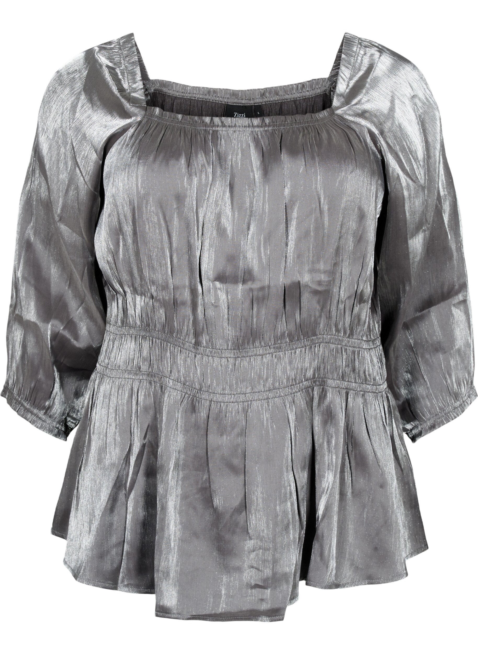 Zizzifashion Silver-colored blouse with 3/4 sleeves and smock, Dark Silver, Packshot image number 0