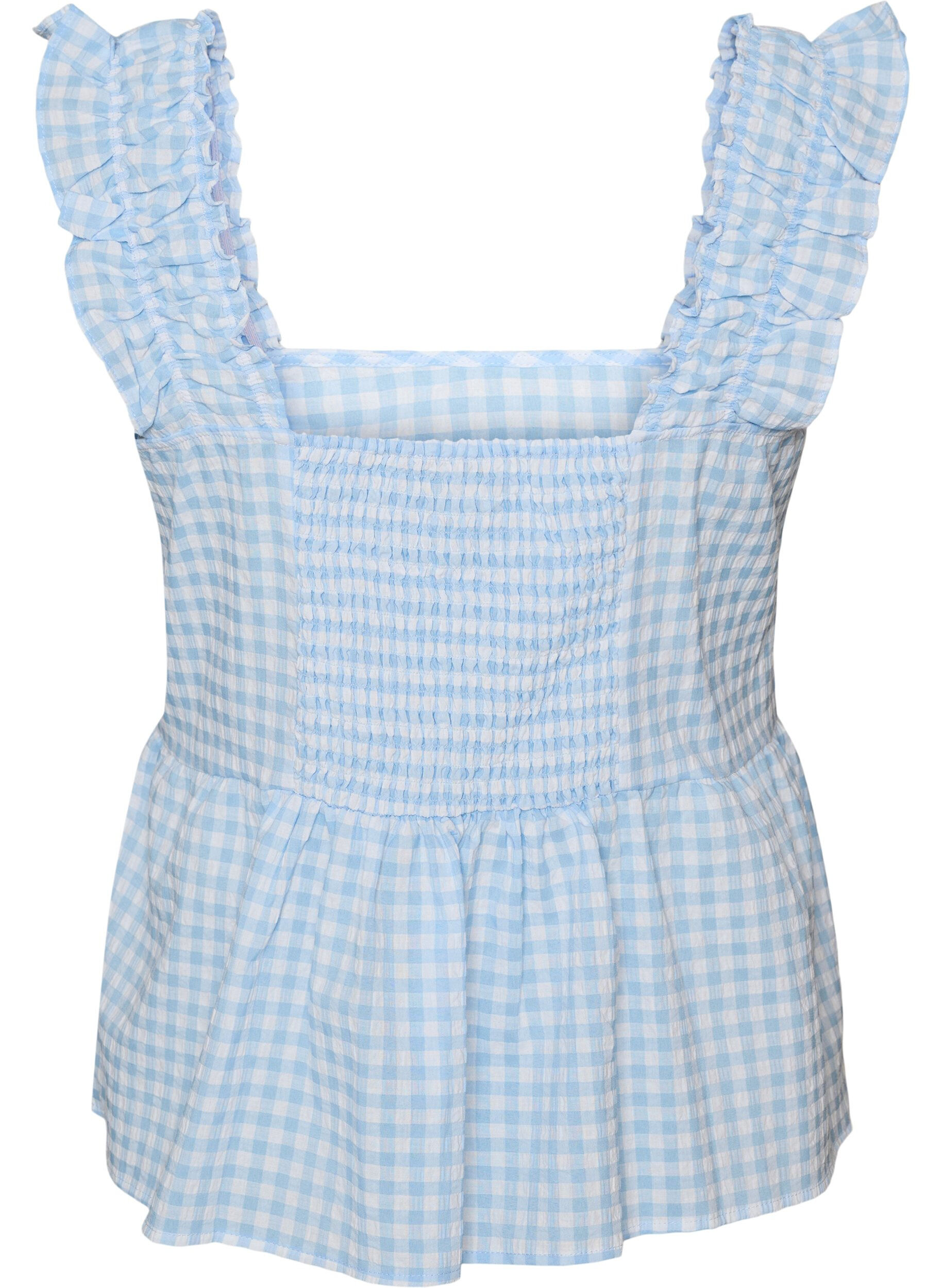 Zizzifashion Top with checks and ruffle details, Light Blue, Packshot image number 1