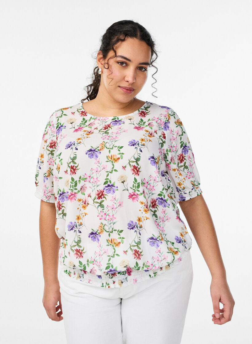 Floral blouse with smock, Rose, Model image number 0