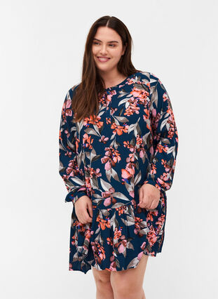 Viscose tunic with floral print, Blue Flower AOP, Model image number 0